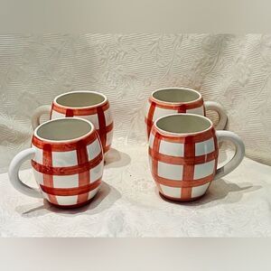 Von Pok & Chang Gingham White And Pink‎ Plaid Ceramic 4.75" Mugs Set 4 NWOB